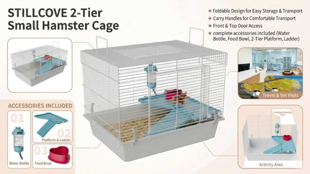 STILLCOVE 2-Tier Small Hamster Cage — Foldable with Carry Handles