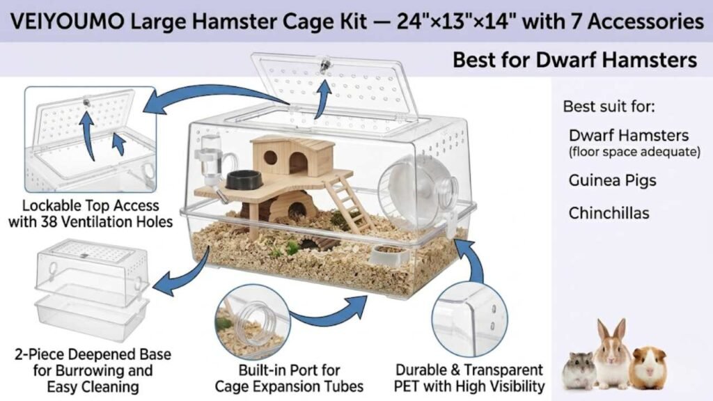 VEIYOUMO Large Hamster Cage Kit — 24"×13"×14" with 7 Accessories