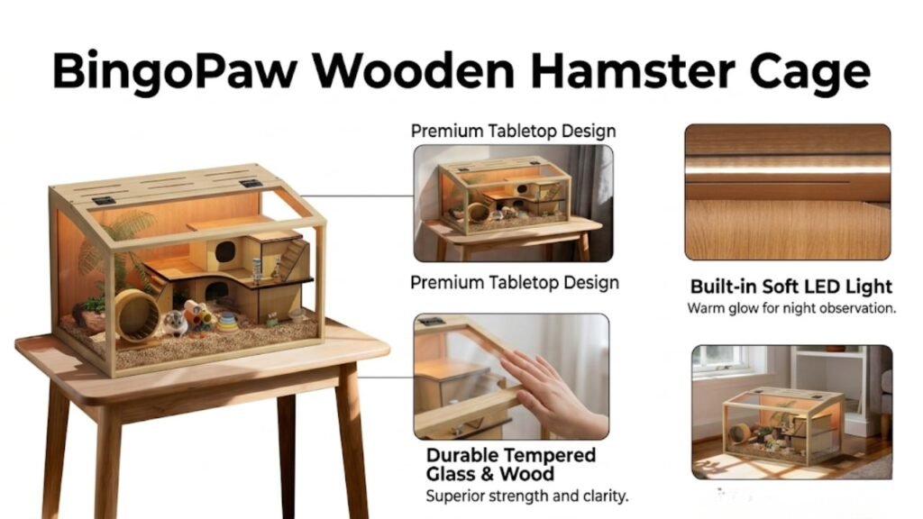 BingoPaw Wooden Hamster Cage with Tempered Glass and LED Light
