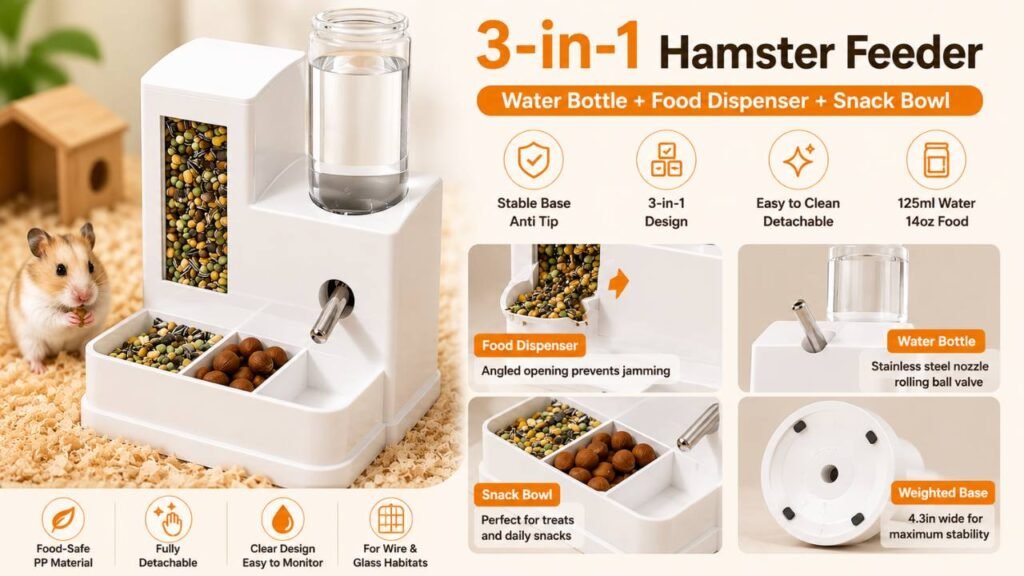 JYMLWWR 3-in-1 Hamster Feeder — Water Bottle, Food Bowl, Snack Bowl