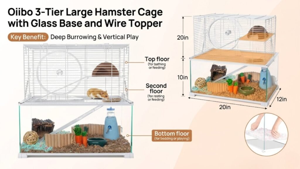 Oiibo 3-Tier Large Hamster Cage with Glass Base and Wire Topper