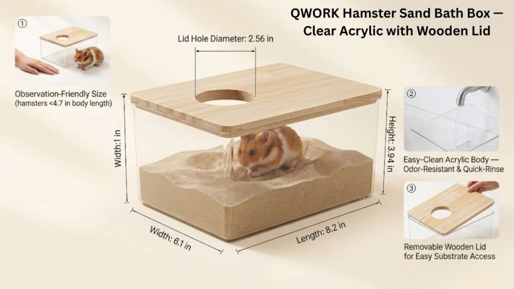 QWORK Hamster Sand Bath Box — Clear Acrylic with Wooden Lid