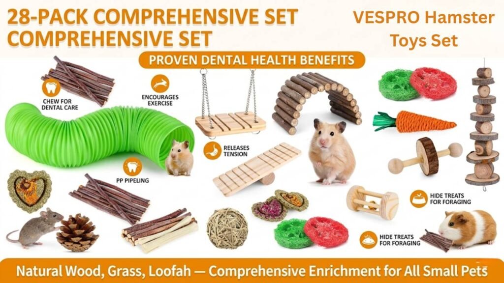 VESPRO Hamster Toys Set — 28-Pack Natural Wood and Grass Enrichment Bundle