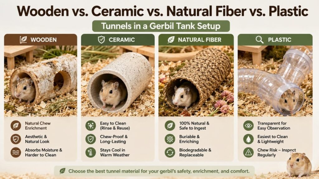 Wooden vs. Ceramic vs. Natural Fiber Tunnels in a Gerbil Tank Setup